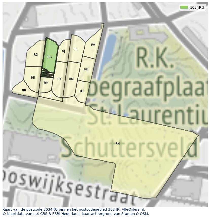 Afbeelding van het postcodegebied 3034 RG op de kaart.