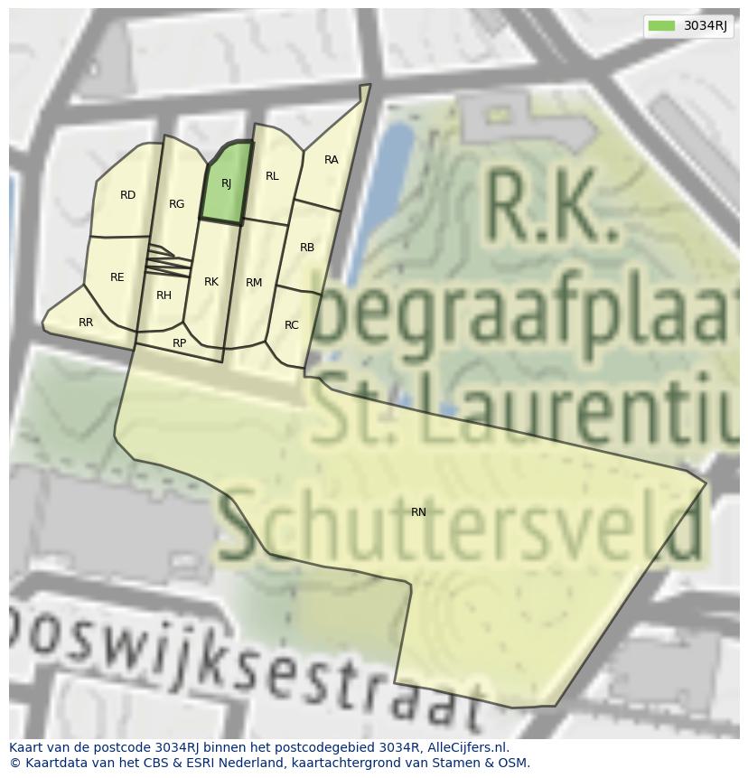 Afbeelding van het postcodegebied 3034 RJ op de kaart.