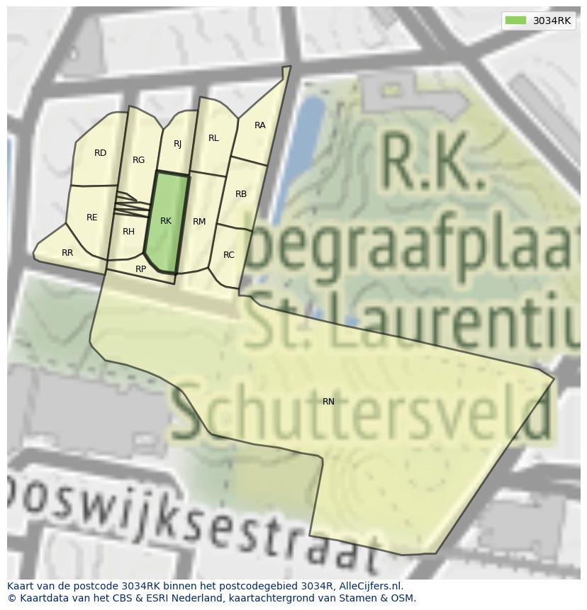 Afbeelding van het postcodegebied 3034 RK op de kaart.