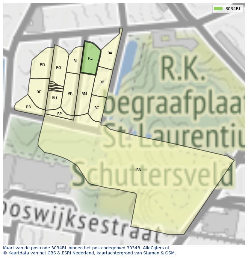 Afbeelding van het postcodegebied 3034 RL op de kaart.