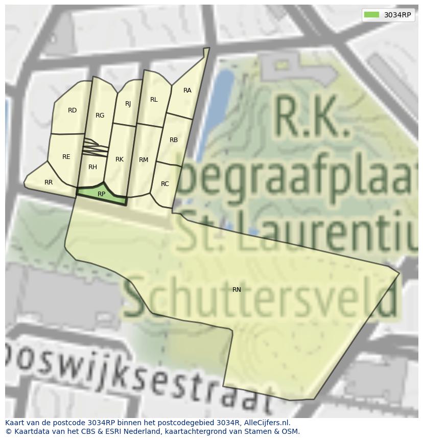 Afbeelding van het postcodegebied 3034 RP op de kaart.