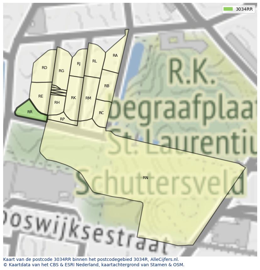 Afbeelding van het postcodegebied 3034 RR op de kaart.