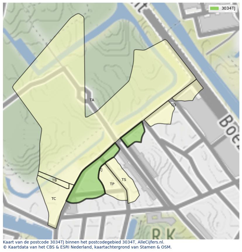 Afbeelding van het postcodegebied 3034 TJ op de kaart.