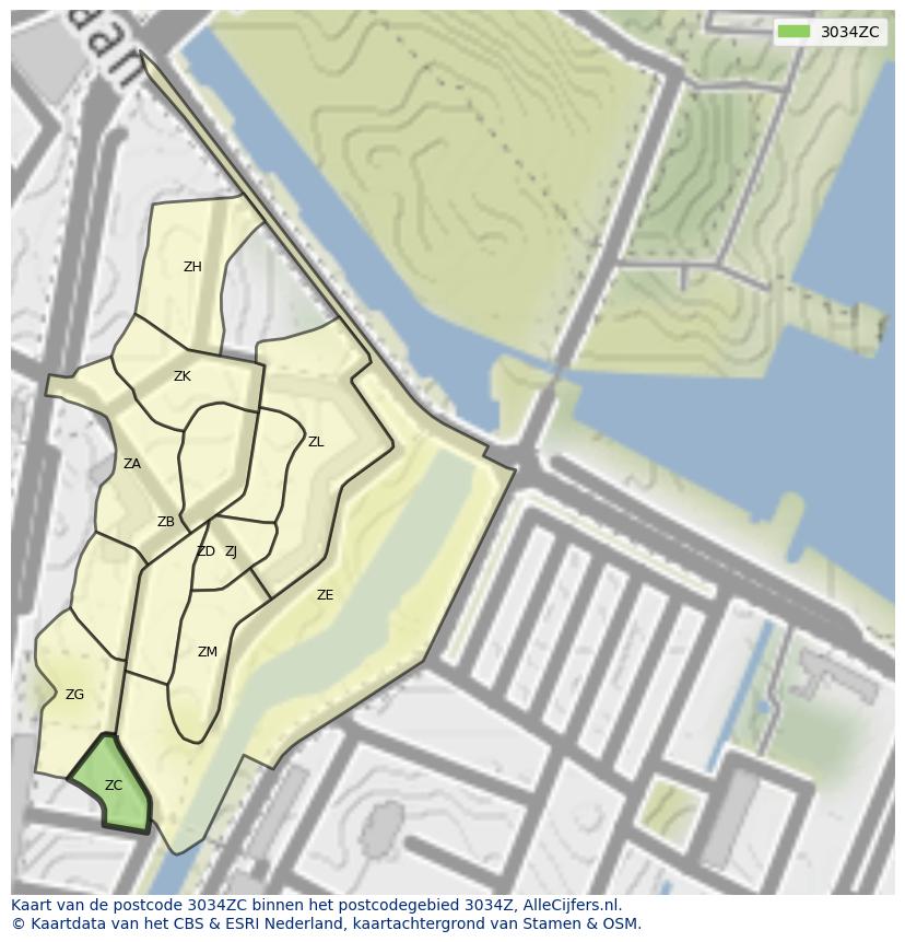 Afbeelding van het postcodegebied 3034 ZC op de kaart.