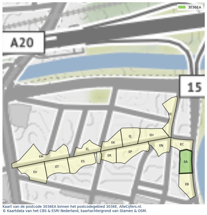 Afbeelding van het postcodegebied 3036 EA op de kaart.