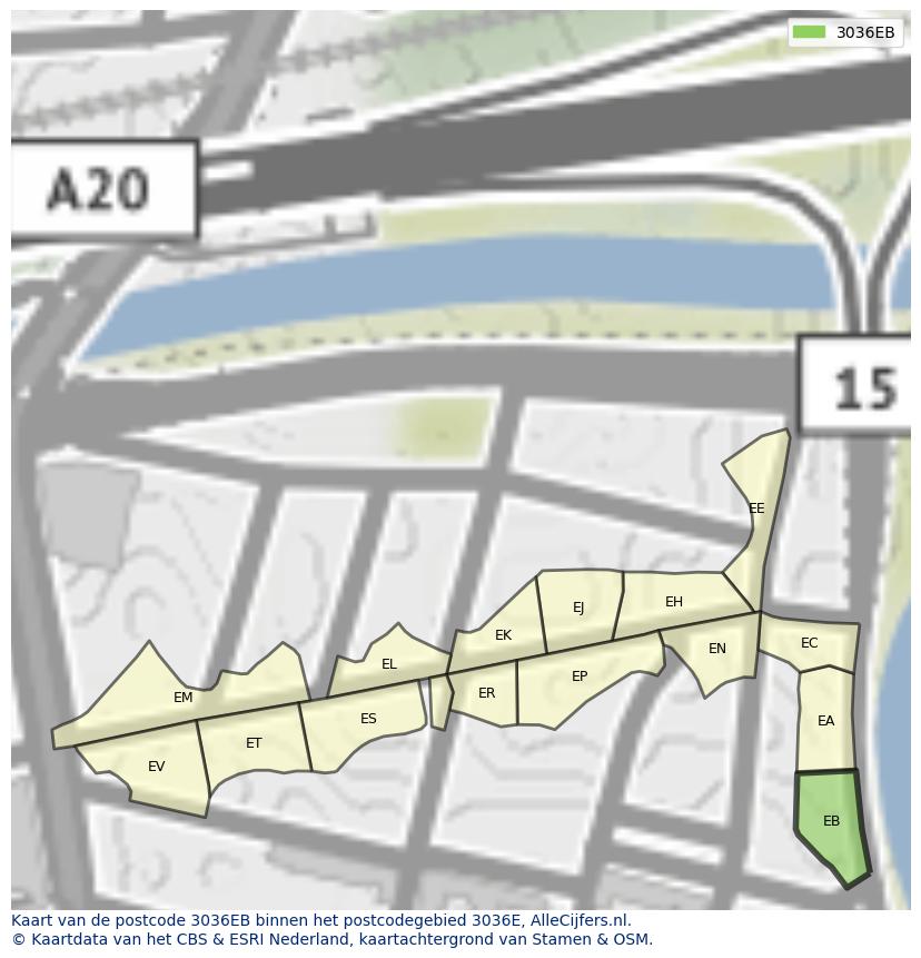 Afbeelding van het postcodegebied 3036 EB op de kaart.