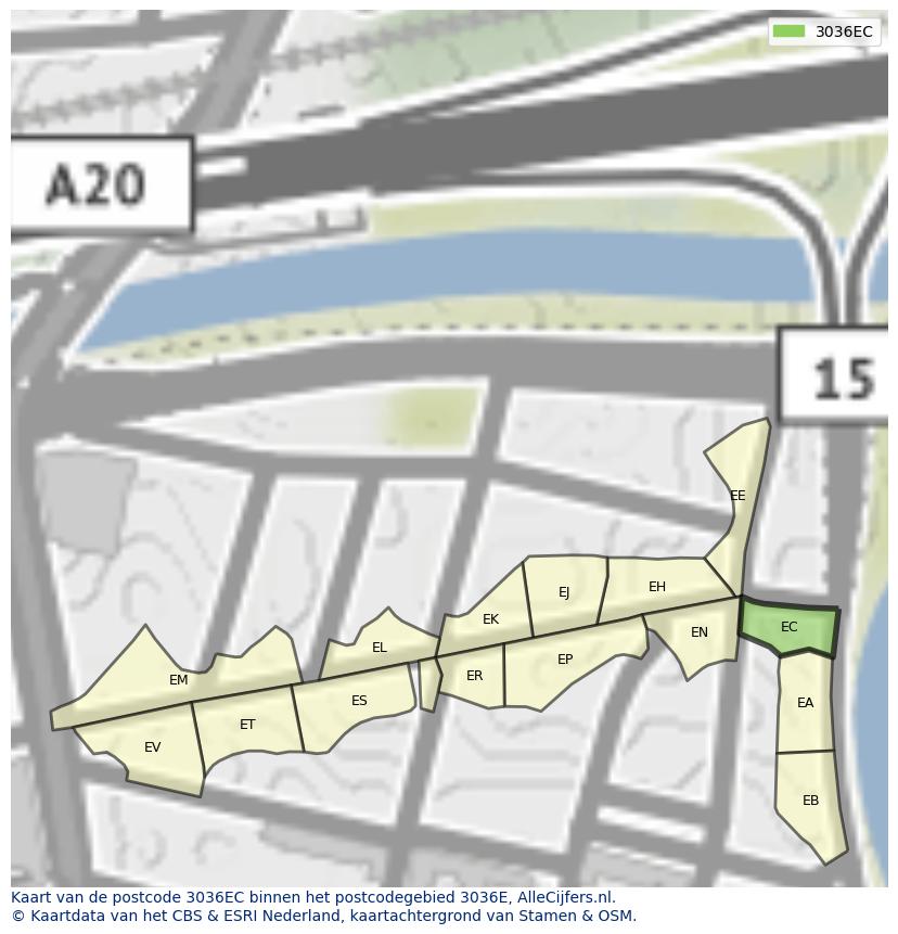 Afbeelding van het postcodegebied 3036 EC op de kaart.
