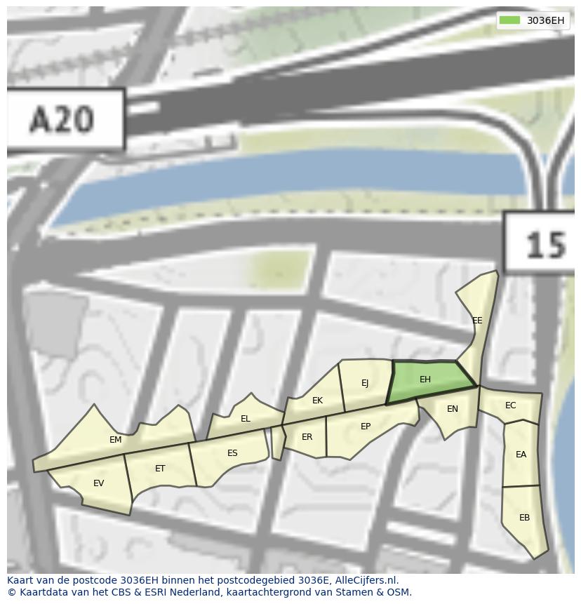 Afbeelding van het postcodegebied 3036 EH op de kaart.