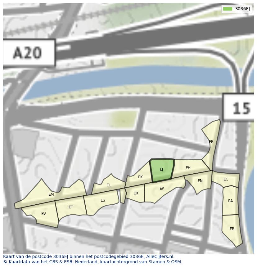 Afbeelding van het postcodegebied 3036 EJ op de kaart.