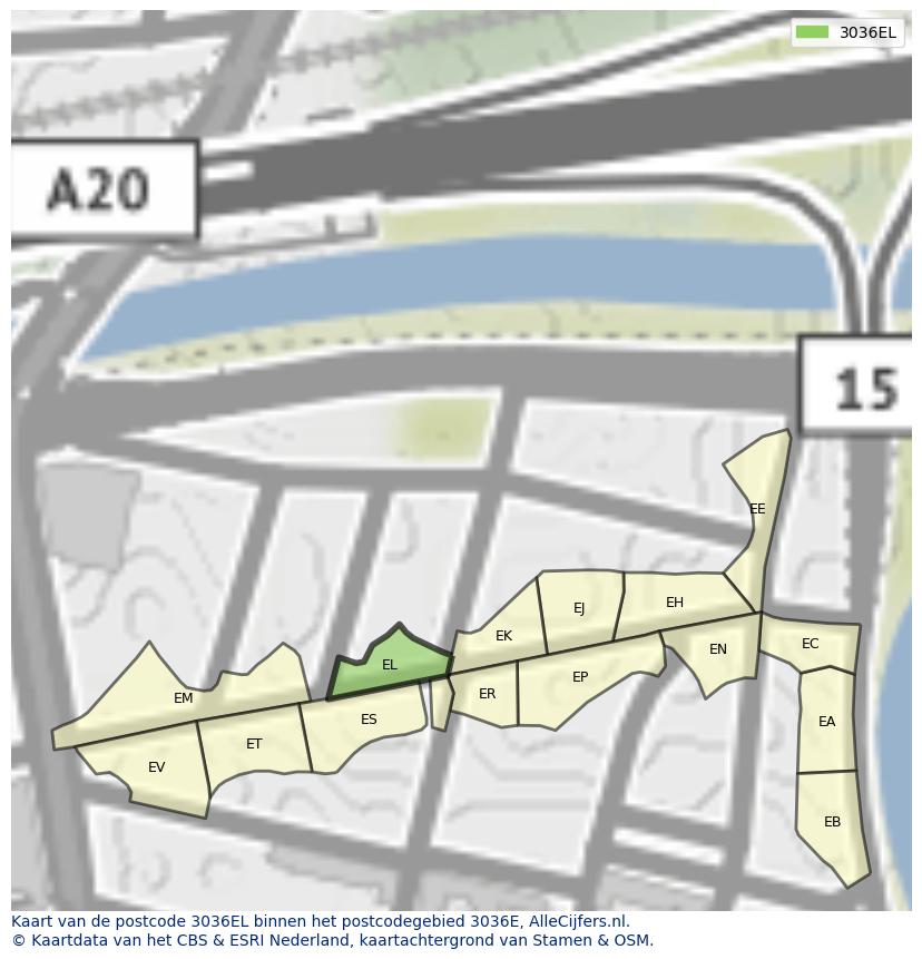 Afbeelding van het postcodegebied 3036 EL op de kaart.