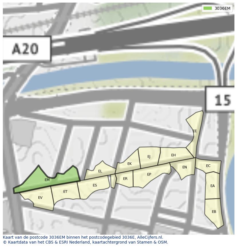 Afbeelding van het postcodegebied 3036 EM op de kaart.