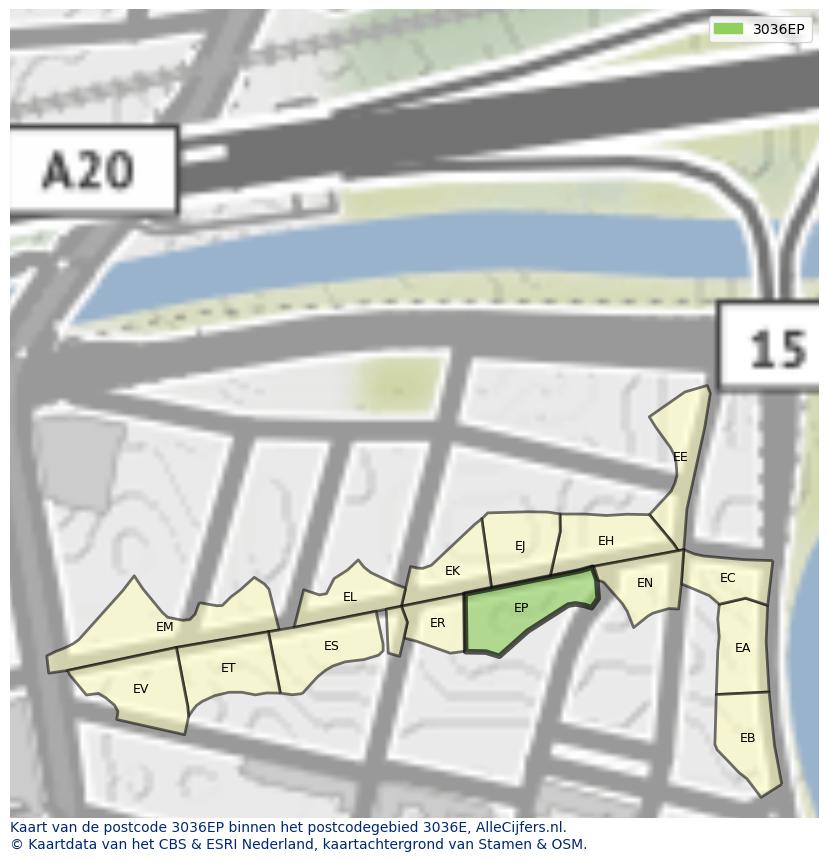 Afbeelding van het postcodegebied 3036 EP op de kaart.