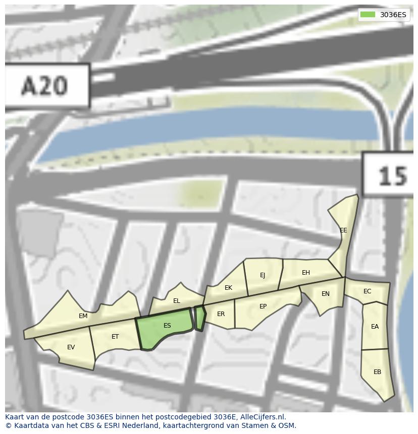 Afbeelding van het postcodegebied 3036 ES op de kaart.