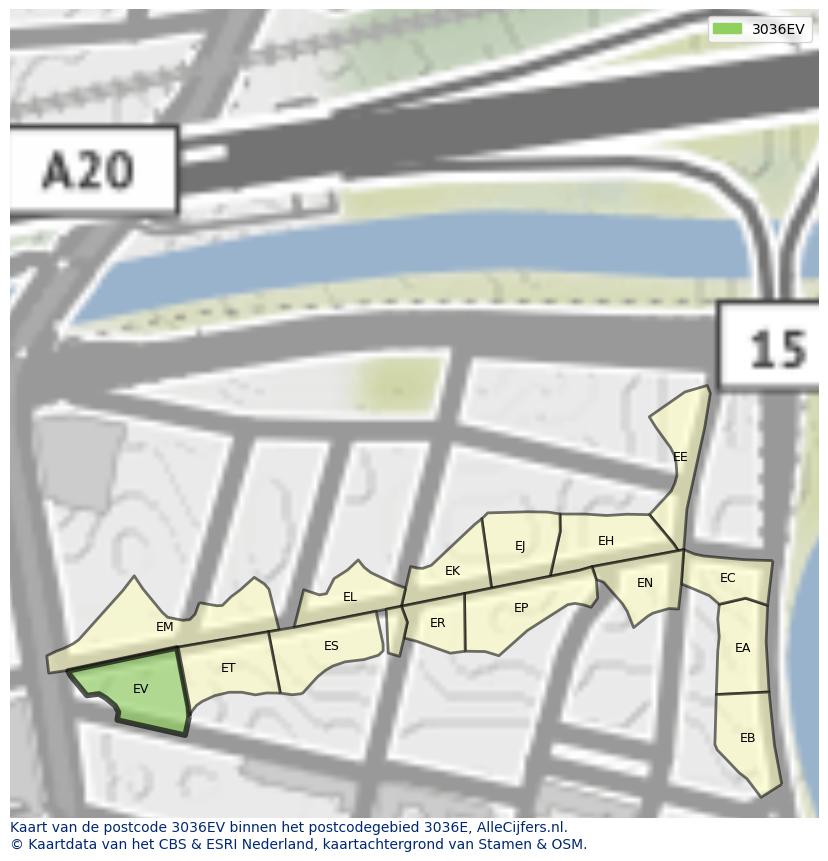 Afbeelding van het postcodegebied 3036 EV op de kaart.