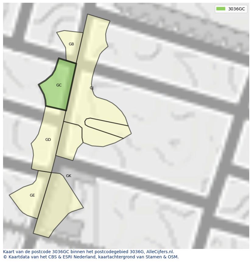 Afbeelding van het postcodegebied 3036 GC op de kaart.