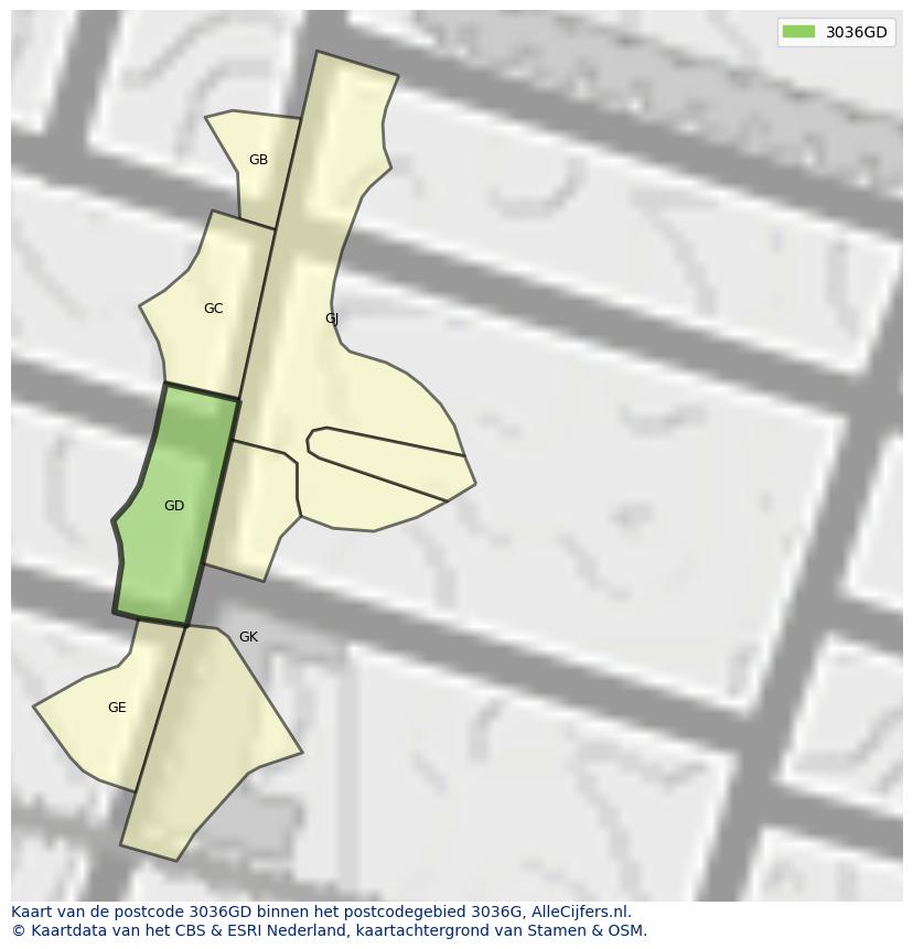 Afbeelding van het postcodegebied 3036 GD op de kaart.