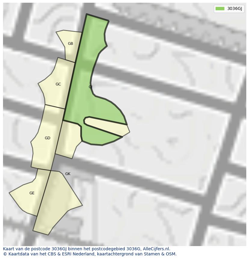 Afbeelding van het postcodegebied 3036 GJ op de kaart.
