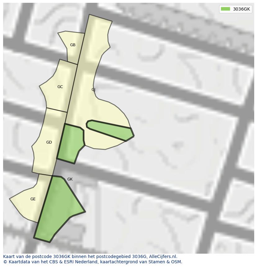 Afbeelding van het postcodegebied 3036 GK op de kaart.