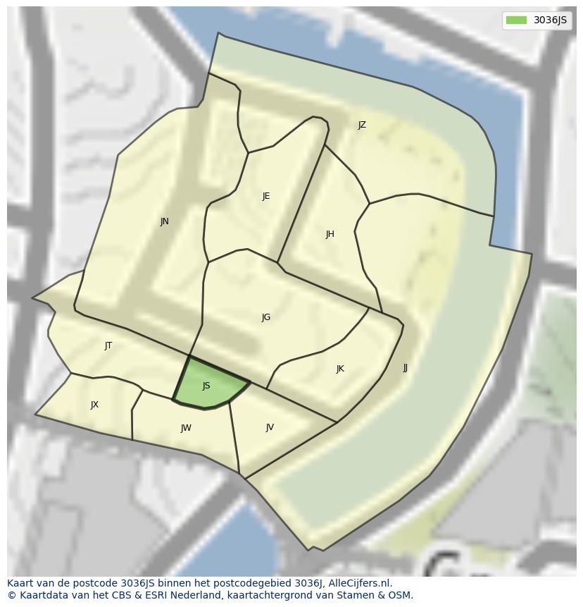 Afbeelding van het postcodegebied 3036 JS op de kaart.