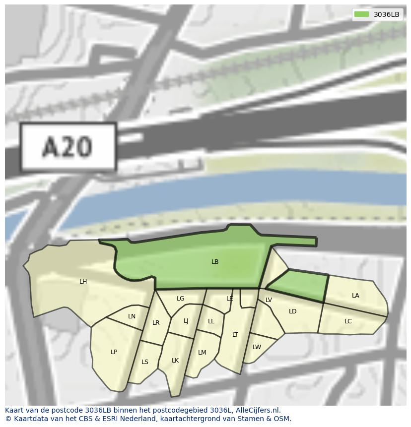 Afbeelding van het postcodegebied 3036 LB op de kaart.
