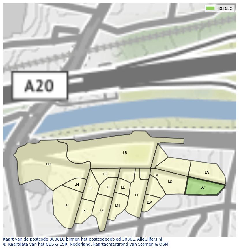 Afbeelding van het postcodegebied 3036 LC op de kaart.