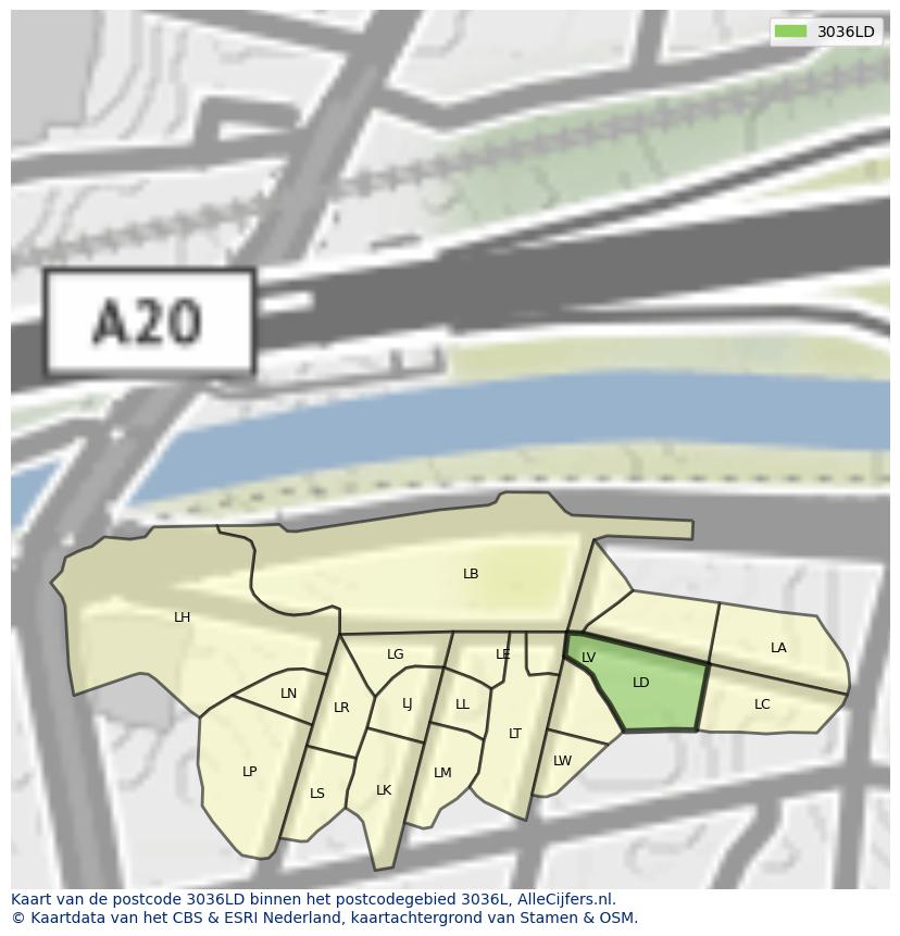 Afbeelding van het postcodegebied 3036 LD op de kaart.