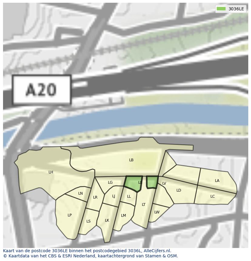 Afbeelding van het postcodegebied 3036 LE op de kaart.