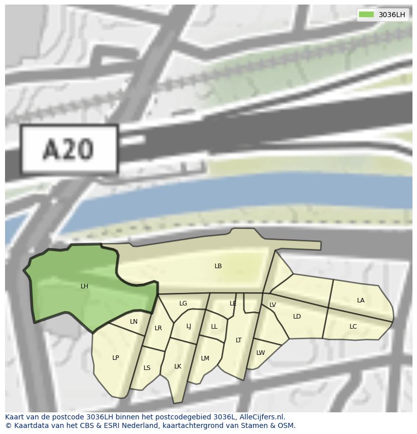 Afbeelding van het postcodegebied 3036 LH op de kaart.