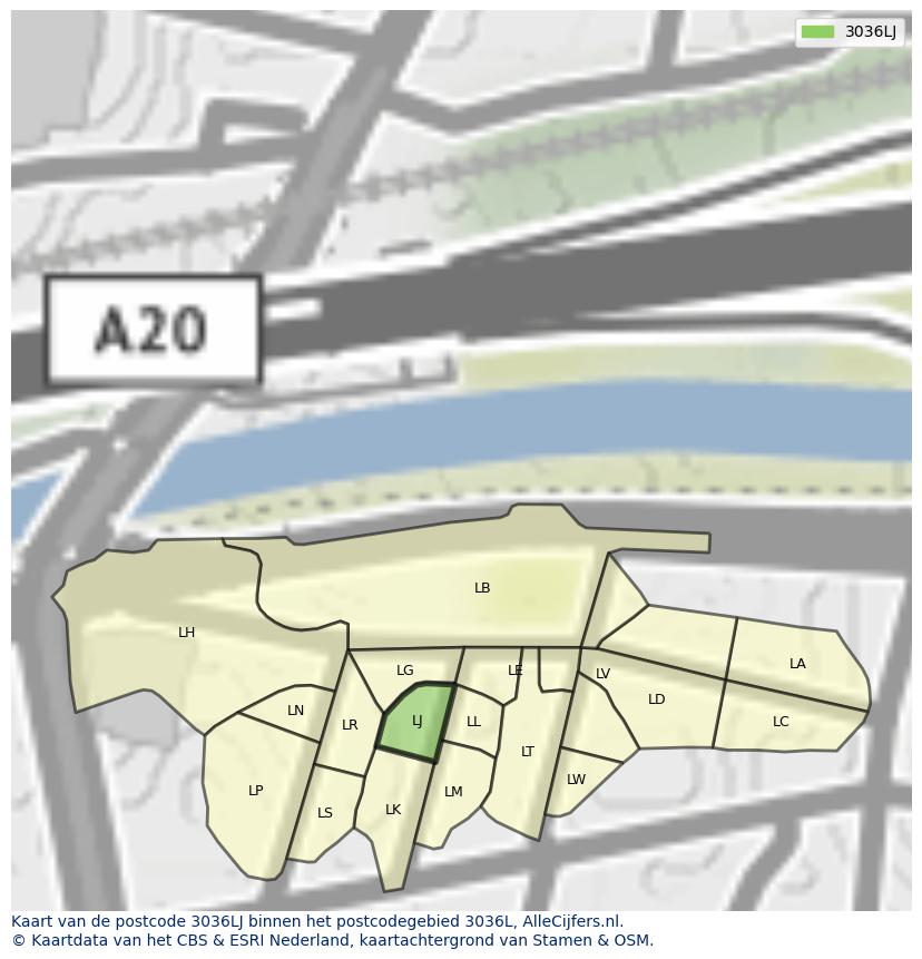 Afbeelding van het postcodegebied 3036 LJ op de kaart.