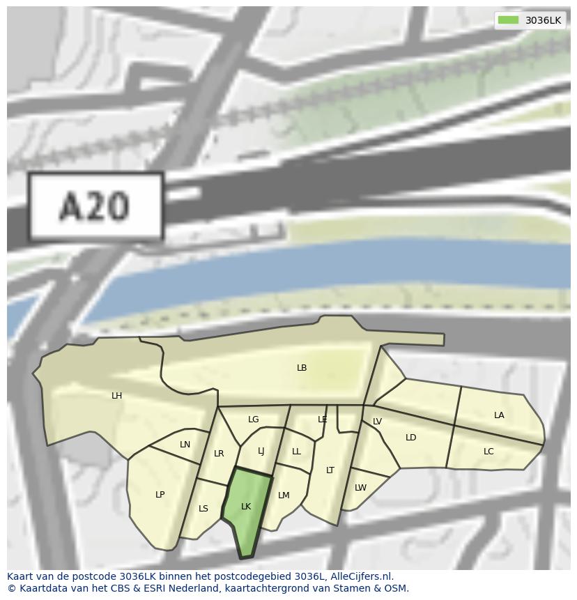 Afbeelding van het postcodegebied 3036 LK op de kaart.