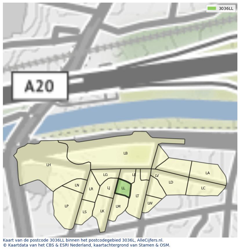Afbeelding van het postcodegebied 3036 LL op de kaart.