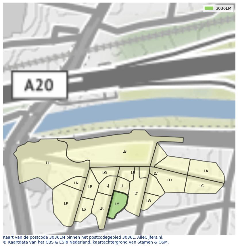 Afbeelding van het postcodegebied 3036 LM op de kaart.