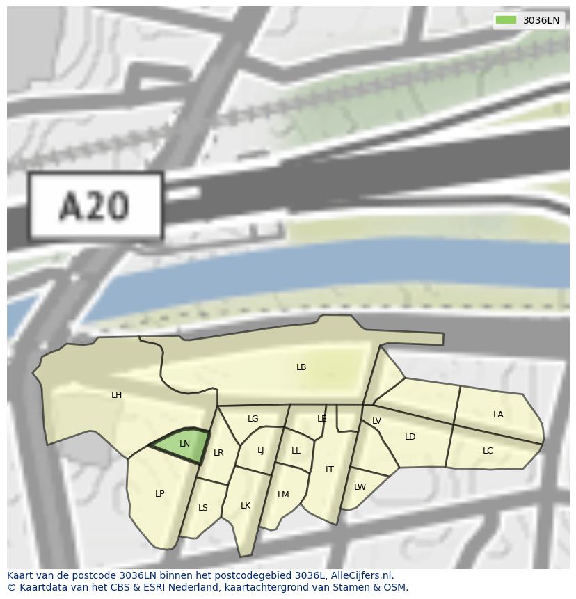 Afbeelding van het postcodegebied 3036 LN op de kaart.