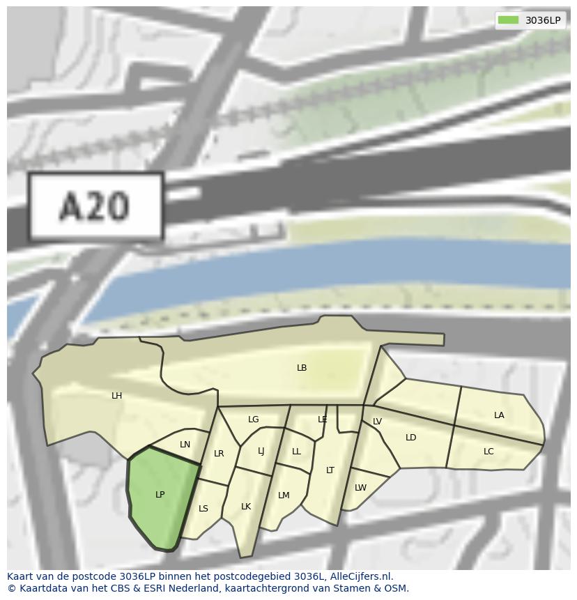 Afbeelding van het postcodegebied 3036 LP op de kaart.
