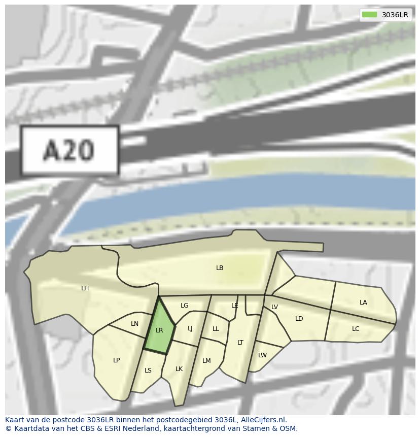 Afbeelding van het postcodegebied 3036 LR op de kaart.
