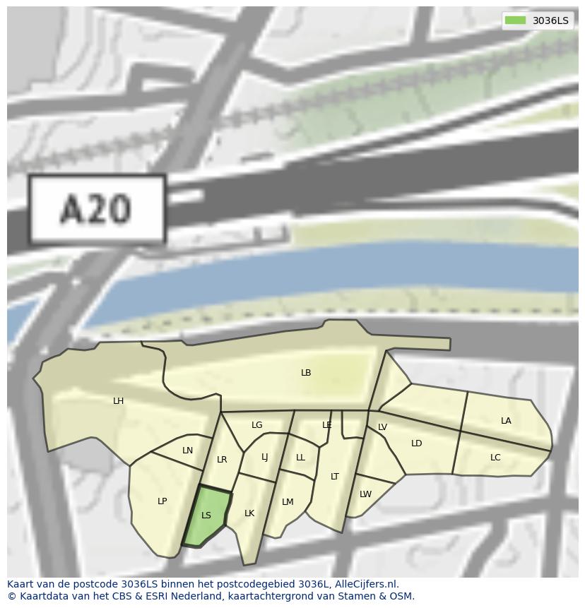 Afbeelding van het postcodegebied 3036 LS op de kaart.