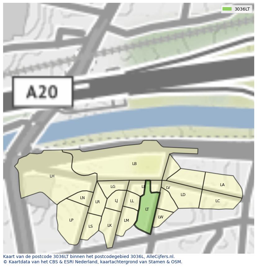 Afbeelding van het postcodegebied 3036 LT op de kaart.