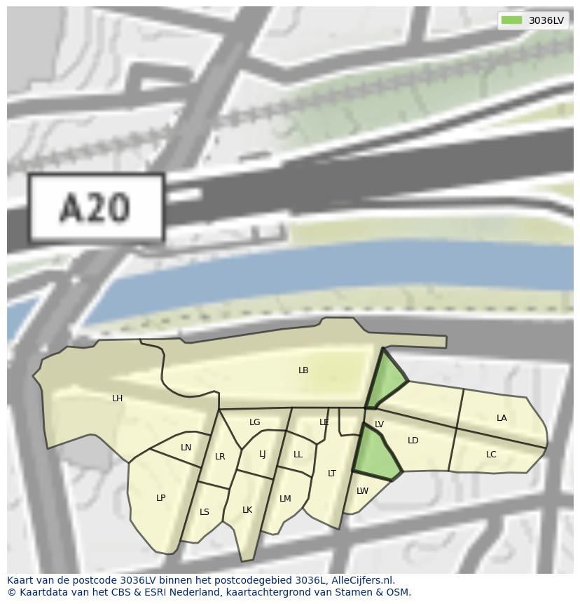Afbeelding van het postcodegebied 3036 LV op de kaart.