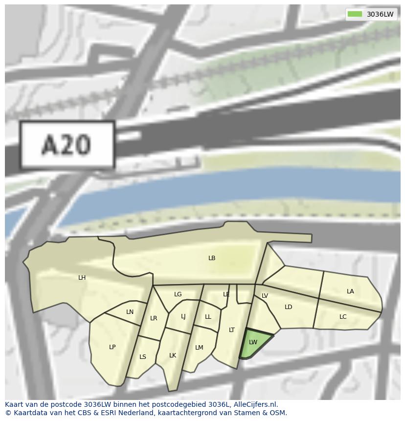 Afbeelding van het postcodegebied 3036 LW op de kaart.