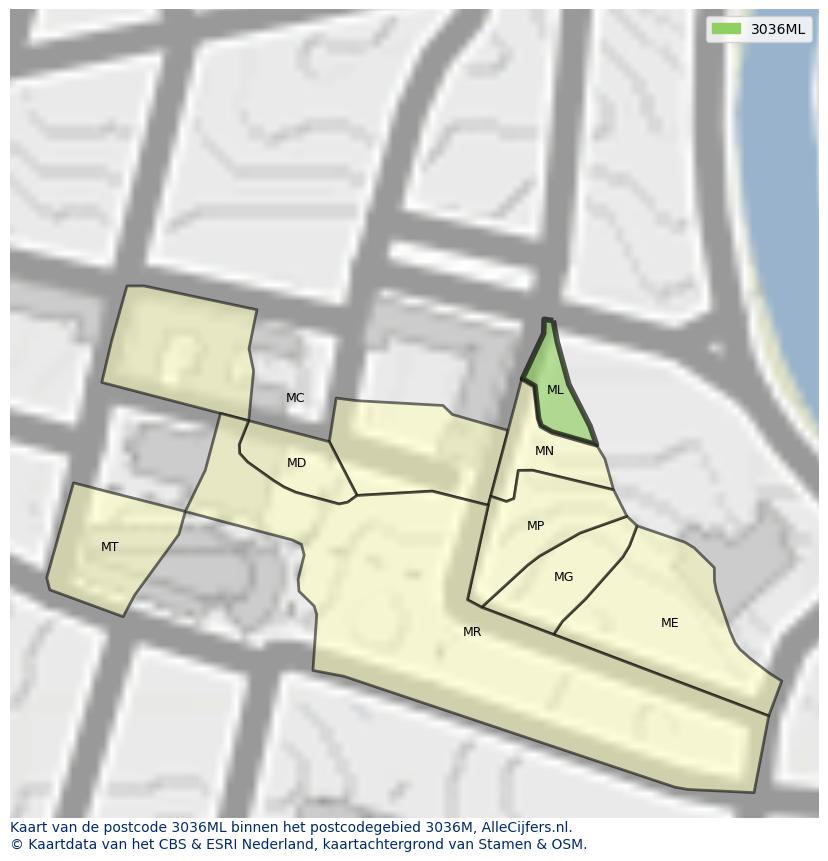 Afbeelding van het postcodegebied 3036 ML op de kaart.