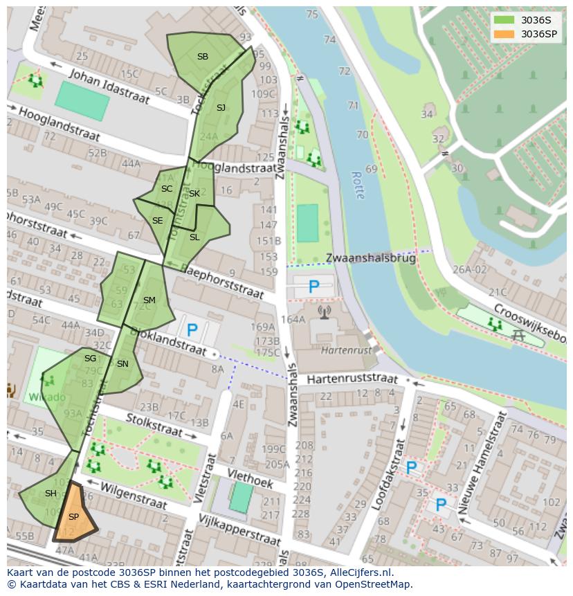 Afbeelding van het postcodegebied 3036 SP op de kaart.