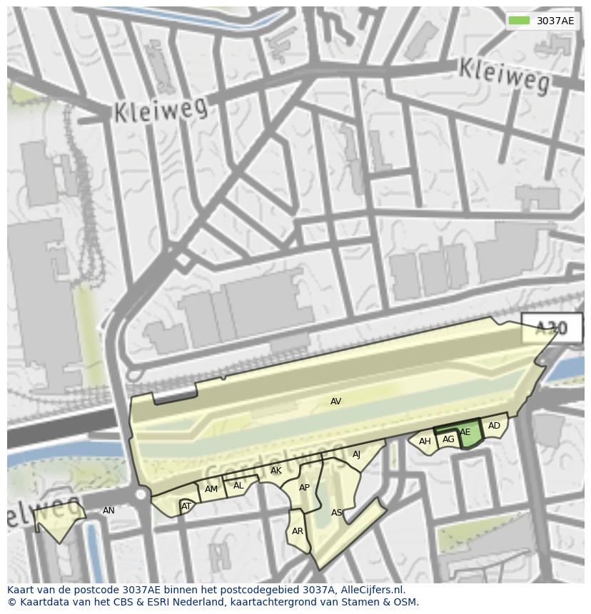 Afbeelding van het postcodegebied 3037 AE op de kaart.
