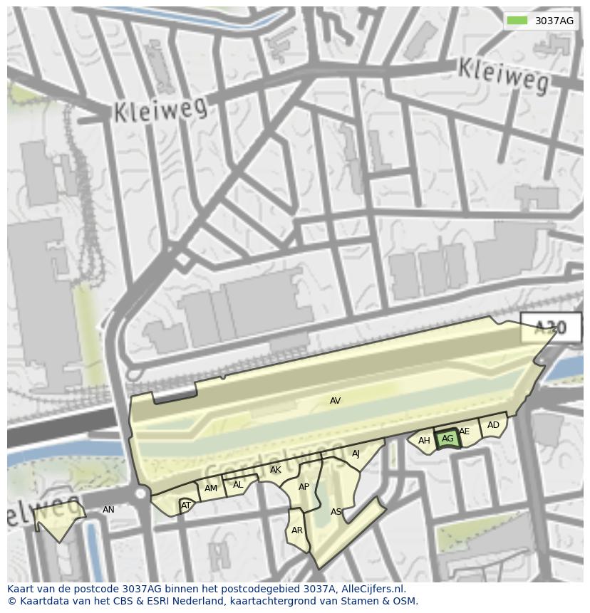 Afbeelding van het postcodegebied 3037 AG op de kaart.