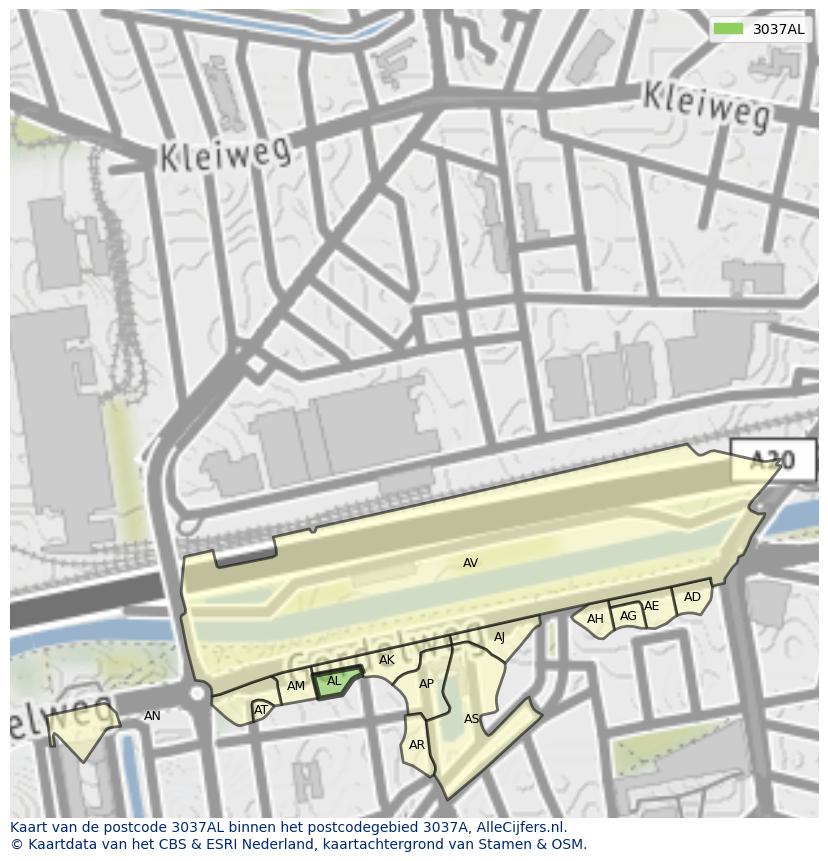 Afbeelding van het postcodegebied 3037 AL op de kaart.
