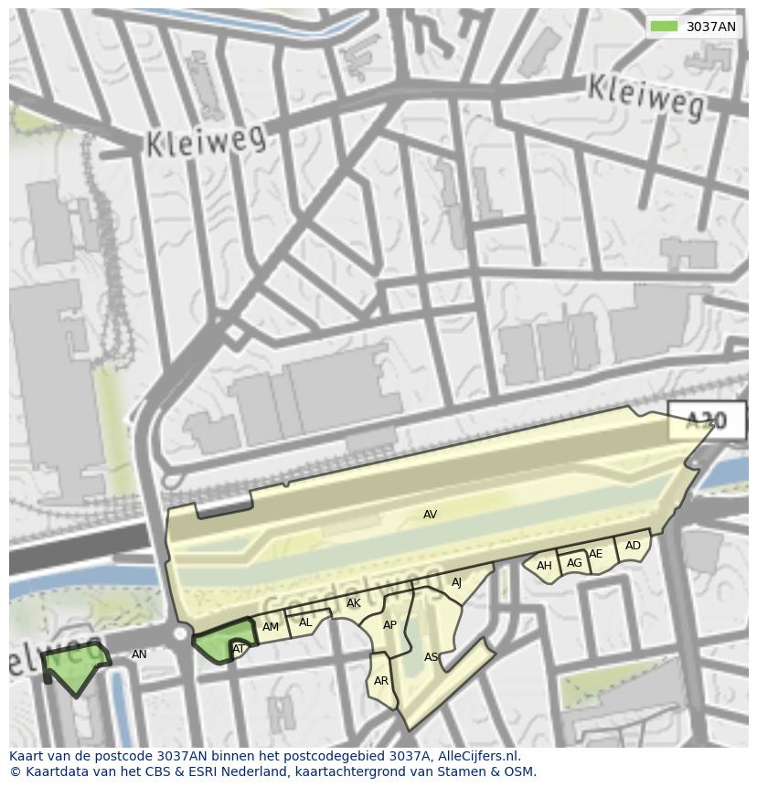 Afbeelding van het postcodegebied 3037 AN op de kaart.
