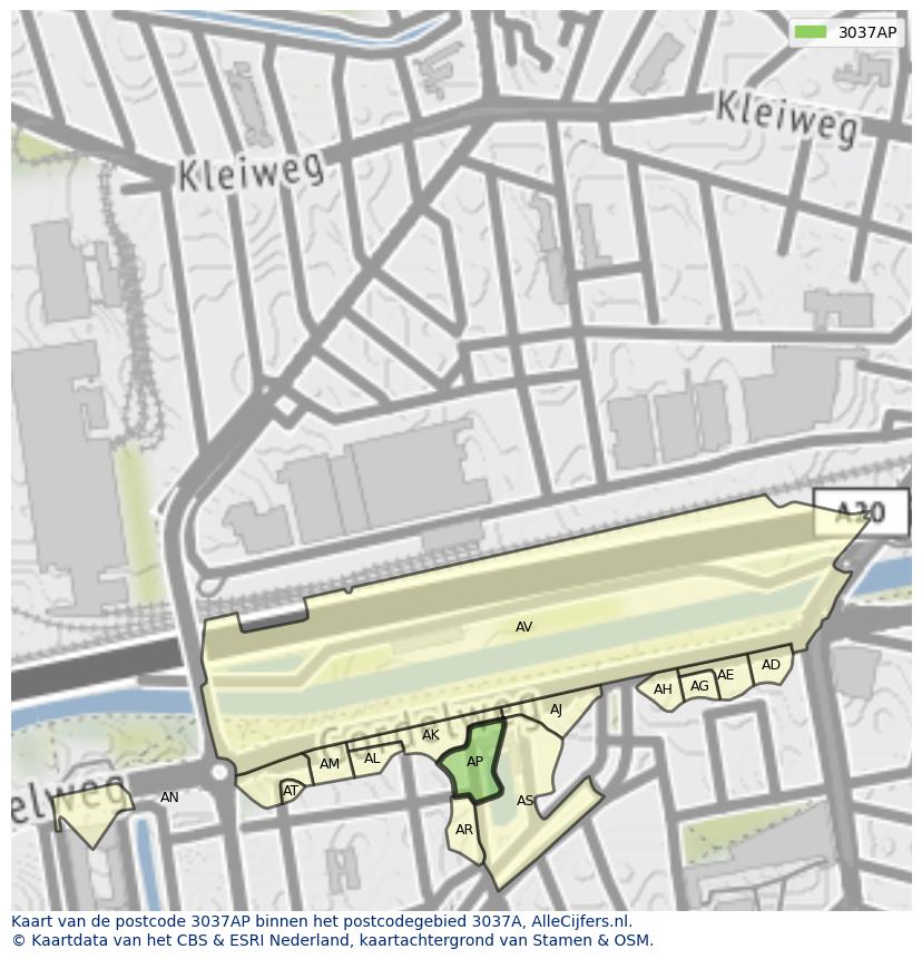 Afbeelding van het postcodegebied 3037 AP op de kaart.