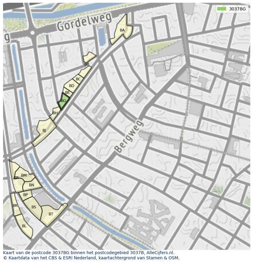Afbeelding van het postcodegebied 3037 BG op de kaart.