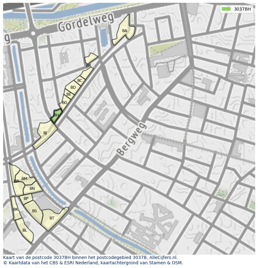 Afbeelding van het postcodegebied 3037 BH op de kaart.