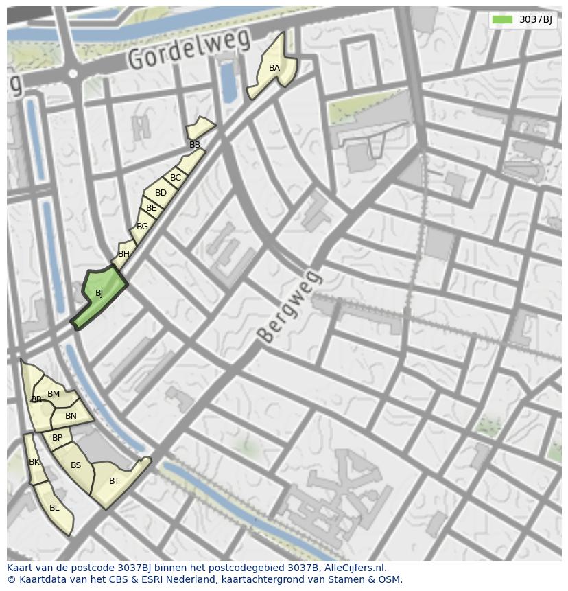 Afbeelding van het postcodegebied 3037 BJ op de kaart.