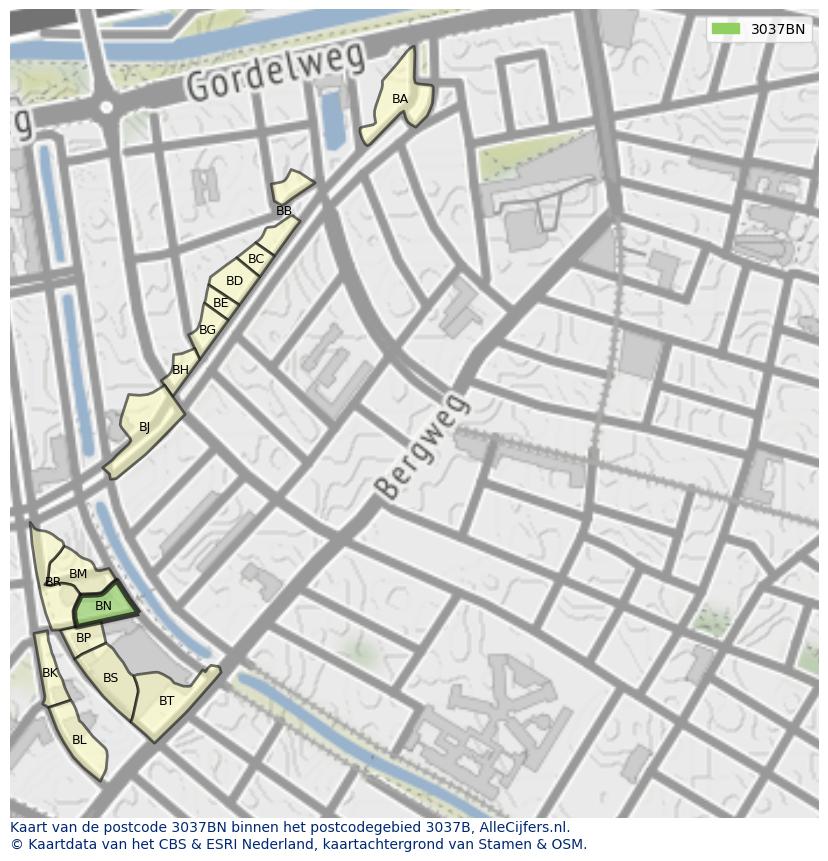 Afbeelding van het postcodegebied 3037 BN op de kaart.